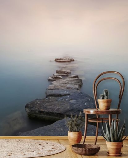 stone path in misty lake wallpaper stone path in misty lake wallpaper