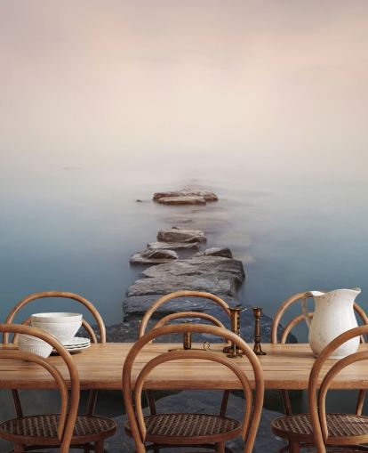 stone path in misty lake wallpaper