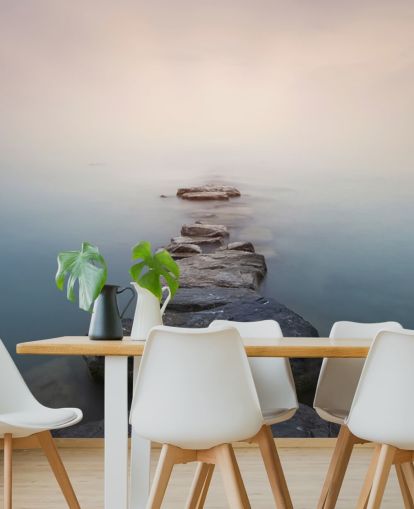 stone path in misty lake wallpaper