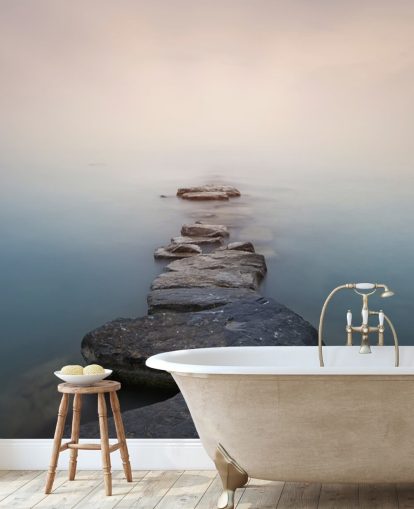 stone path in misty lake wallpaper