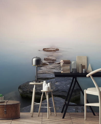 stone path in misty lake wallpaper