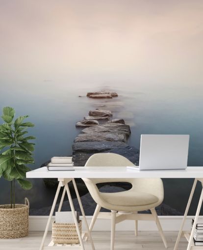 stone path in misty lake wallpaper