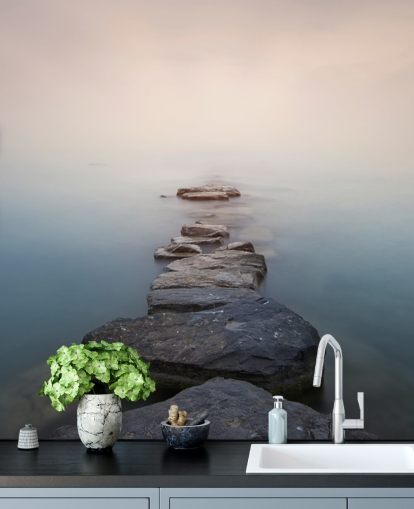 stone path in misty lake wallpaper