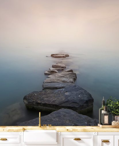 stone path in misty lake wallpaper