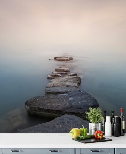 stone path in misty lake wallpaper