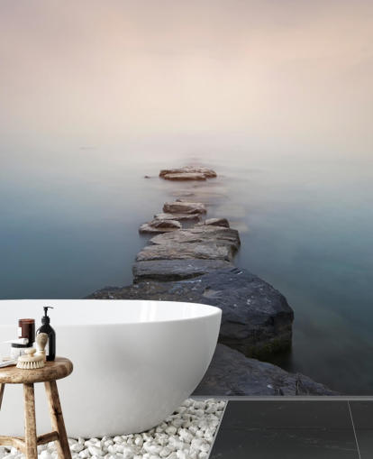 stone path in misty lake wallpaper