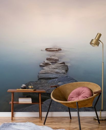 stone path in misty lake wallpaper