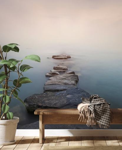 stone path in misty lake wallpaper