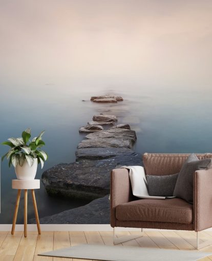 stone path in misty lake wallpaper