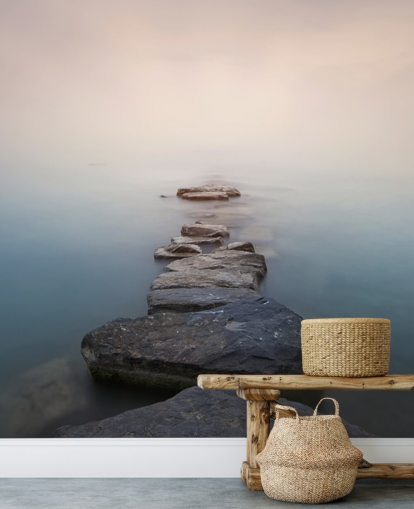 fondo de pantalla de camino de piedra en lago brumoso