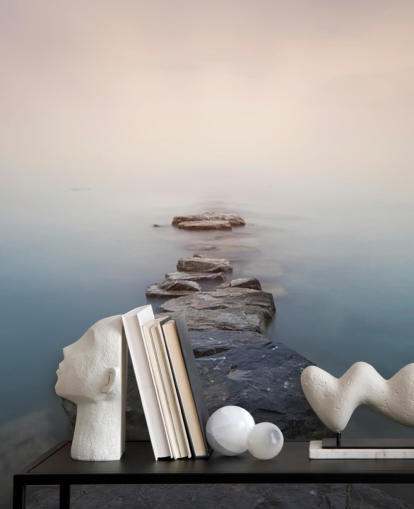 stone path in misty lake wallpaper