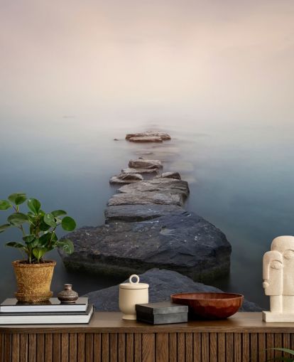 stone path in misty lake wallpaper