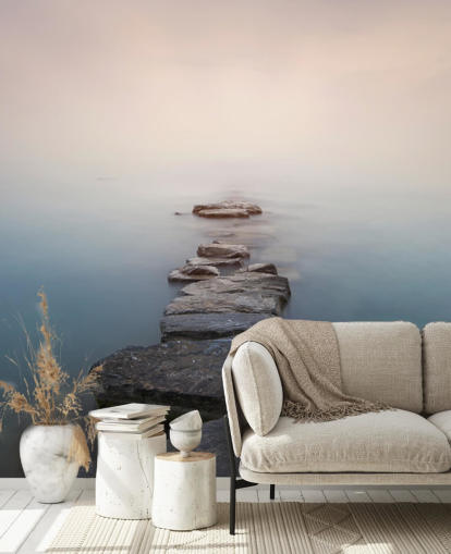 stone path in misty lake wallpaper