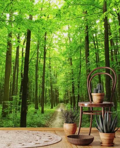 mural verde personalizable de papel pintado de bosque llamado Green Forest para oficinas, dormitorios y negocios