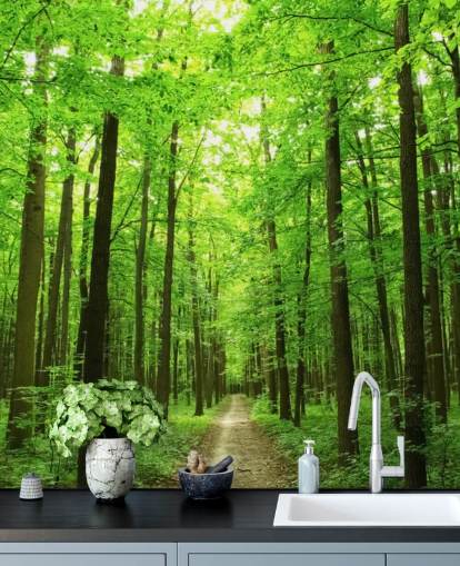 mural verde personalizable de papel pintado de bosque llamado Green Forest para oficinas, dormitorios y negocios