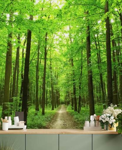 grønt tilpasseligt skovtapet vægmaleri kaldet Green Forest til kontorer, soveværelser og virksomheder