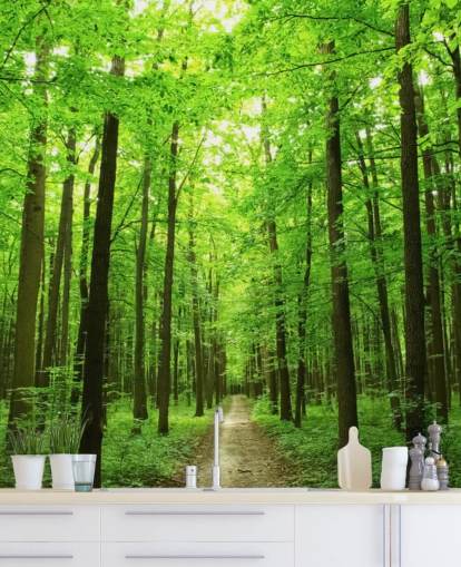 carta da parati murale verde personalizzabile chiamata Green Forest per uffici, camere da letto e aziende