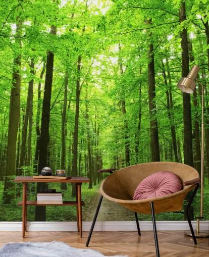 mural verde personalizable de papel pintado de bosque llamado Green Forest para oficinas, dormitorios y negocios