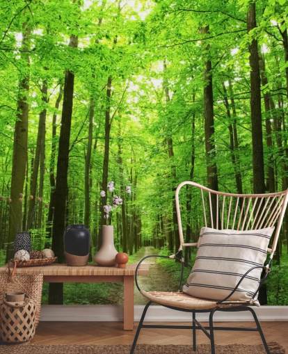mural verde personalizable de papel pintado de bosque llamado Green Forest para oficinas, dormitorios y negocios