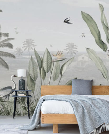 gedempt groen op maat gemaakt panoramisch vintage jungle-illustratiebehang genaamd Botanical Beauty Panorama van Sir Edward voor woonkamers