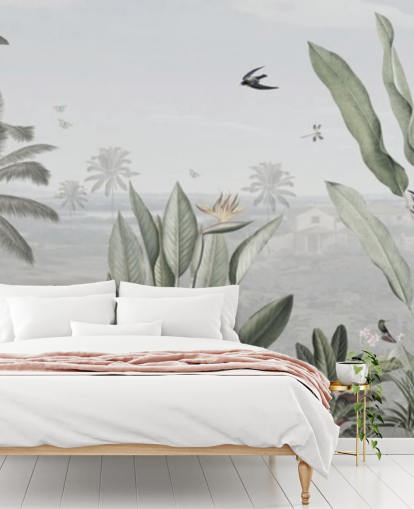 muted green custom panoramic vintage jungle illustration wallpaper called Botanical Beauty Panorama by Sir Edward for living rooms