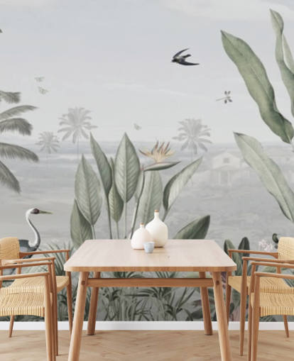 gedämpfte grüne benutzerdefinierte Panorama-Tapete mit Dschungel-Illustration im Vintage-Stil namens Botanical Beauty Panorama von Sir Edward für Wohnzimmer