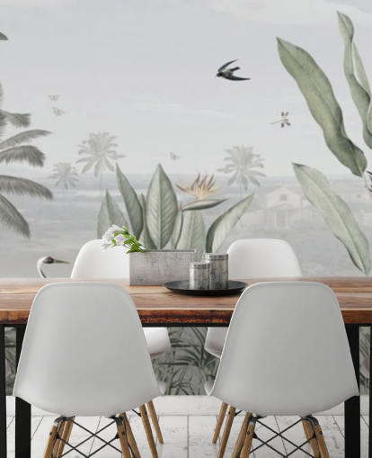 muted green custom panoramic vintage jungle illustration wallpaper called Botanical Beauty Panorama by Sir Edward for living rooms