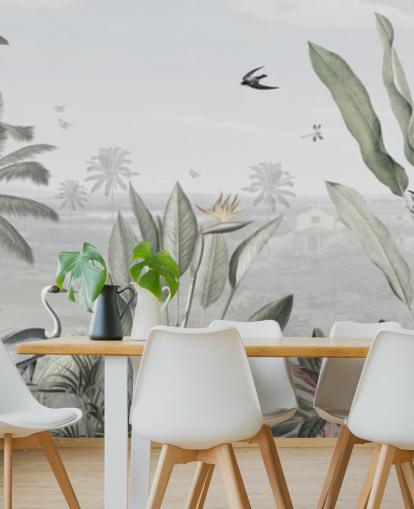 muted green custom panoramic vintage jungle illustration wallpaper called Botanical Beauty Panorama by Sir Edward for living rooms