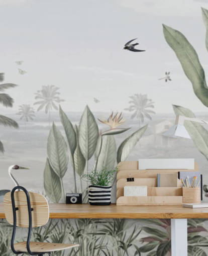 gedämpfte grüne benutzerdefinierte Panorama-Tapete mit Dschungel-Illustration im Vintage-Stil namens Botanical Beauty Panorama von Sir Edward für Wohnzimmer