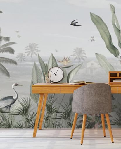 muted green custom panoramic vintage jungle illustration wallpaper called Botanical Beauty Panorama by Sir Edward for living rooms