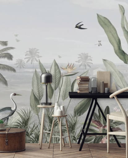 papel pintado de ilustración de jungla vintage panorámico personalizado de color verde apagado llamado Botanical Beauty Panorama de Sir Edward para salas de estar