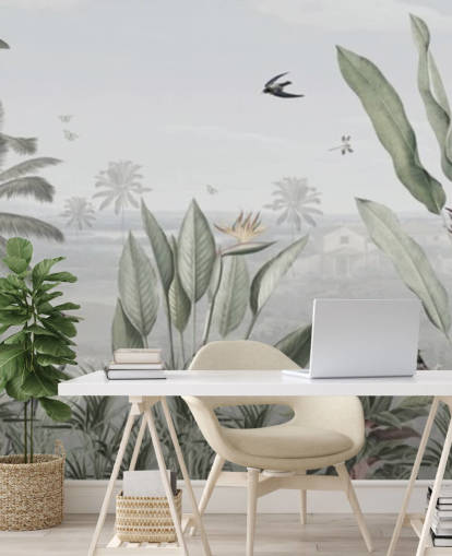 papel pintado de ilustración de jungla vintage panorámico personalizado de color verde apagado llamado Botanical Beauty Panorama de Sir Edward para salas de estar