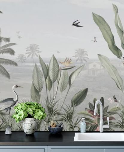 gedämpfte grüne benutzerdefinierte Panorama-Tapete mit Dschungel-Illustration im Vintage-Stil namens Botanical Beauty Panorama von Sir Edward für Wohnzimmer gedämpfte grüne benutzerdefinierte Panorama-Tapete mit Dschungel-Illustration im Vintage-Stil namens Botanical Beauty Panorama von Sir Edward für Wohnzimmer