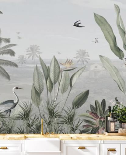 gedämpfte grüne benutzerdefinierte Panorama-Tapete mit Dschungel-Illustration im Vintage-Stil namens Botanical Beauty Panorama von Sir Edward für Wohnzimmer