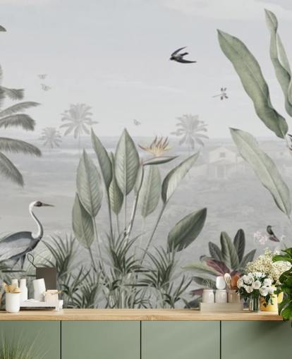 papel de parede de ilustração de selva vintage panorâmico personalizado em verde mudo chamado Botanical Beauty Panorama de Sir Edward para salas de estar