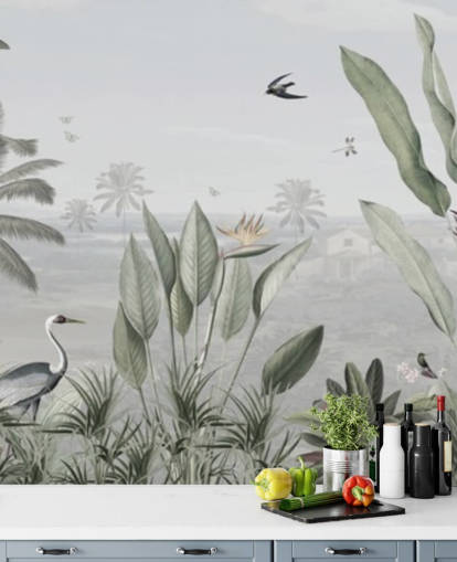 carta da parati panoramica personalizzata verde smorzata con illustrazione della giungla chiamata Botanical Beauty Panorama di Sir Edward per salotti