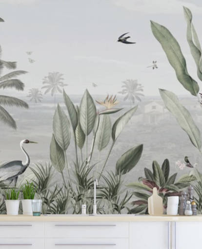 muted green custom panoramic vintage jungle illustration wallpaper called Botanical Beauty Panorama by Sir Edward for living rooms