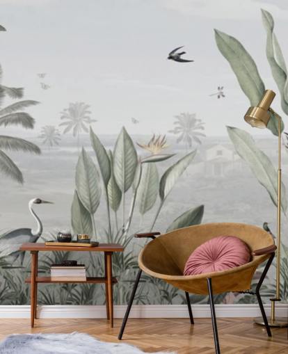 papier peint d'illustration de jungle vintage panoramique personnalisé vert sourd appelé Botanical Beauty Panorama par Sir Edward pour les salons