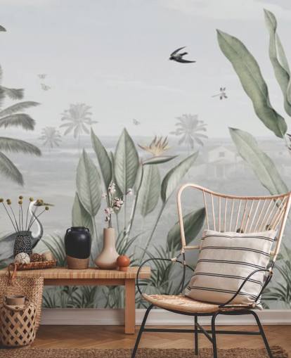 gedämpfte grüne benutzerdefinierte Panorama-Tapete mit Dschungel-Illustration im Vintage-Stil namens Botanical Beauty Panorama von Sir Edward für Wohnzimmer