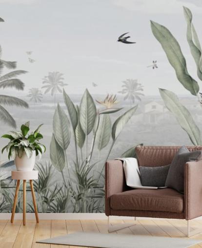 papier peint d'illustration de jungle vintage panoramique personnalisé vert sourd appelé Botanical Beauty Panorama par Sir Edward pour les salons