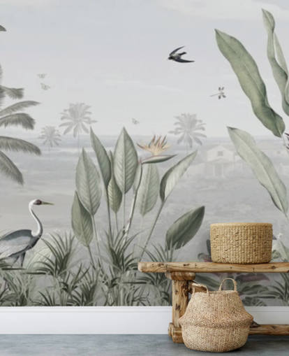 papel de parede de ilustração de selva vintage panorâmico personalizado em verde mudo chamado Botanical Beauty Panorama de Sir Edward para salas de estar