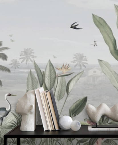 muted green custom panoramic vintage jungle illustration wallpaper called Botanical Beauty Panorama by Sir Edward for living rooms