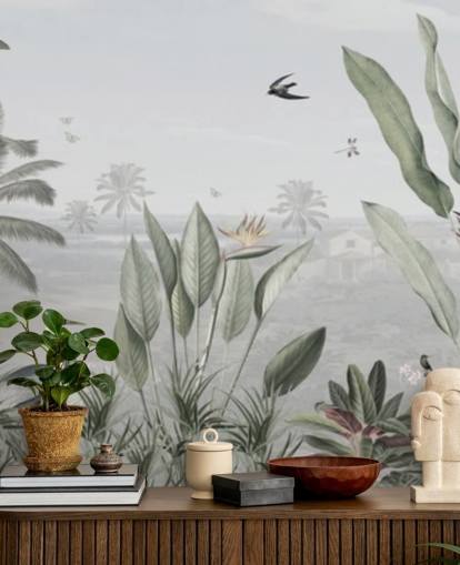 gedämpfte grüne benutzerdefinierte Panorama-Tapete mit Dschungel-Illustration im Vintage-Stil namens Botanical Beauty Panorama von Sir Edward für Wohnzimmer gedämpfte grüne benutzerdefinierte Panorama-Tapete mit Dschungel-Illustration im Vintage-Stil namens Botanical Beauty Panorama von Sir Edward für Wohnzimmer