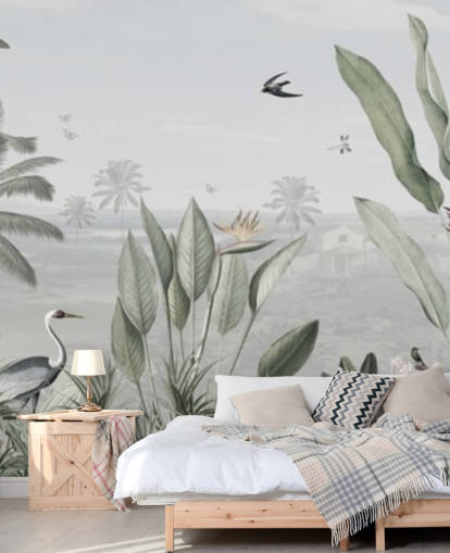 papel pintado de ilustración de jungla vintage panorámico personalizado de color verde apagado llamado Botanical Beauty Panorama de Sir Edward para salas de estar