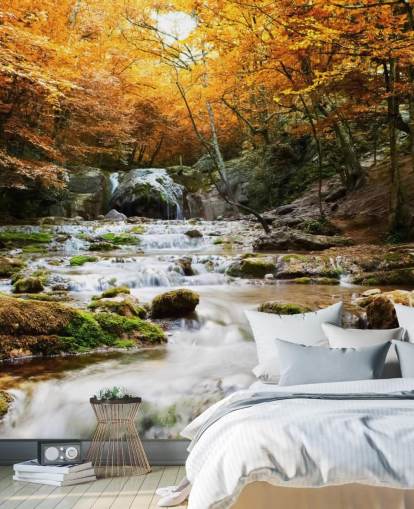 mural de papel de parede de floresta de cachoeira chamado Natural Autumn Waterfall para quartos e salões
