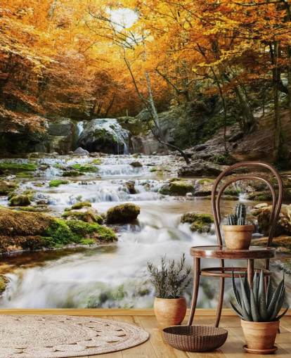 mural de papel pintado con forma de cascada y bosque llamado Cascada de Otoño Natural para dormitorios y salones mural de papel pintado con forma de cascada y bosque llamado Cascada de Otoño Natural para dormitorios y salones