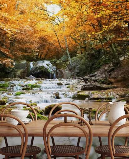 carta da parati murale con foresta a cascata chiamata Natural Autumn Waterfall per camere da letto e salotti