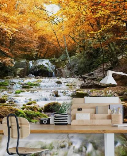 carta da parati murale con foresta a cascata chiamata Natural Autumn Waterfall per camere da letto e salotti