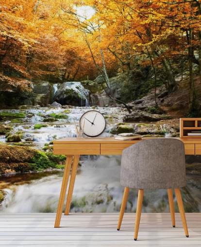 carta da parati murale con foresta a cascata chiamata Natural Autumn Waterfall per camere da letto e salotti