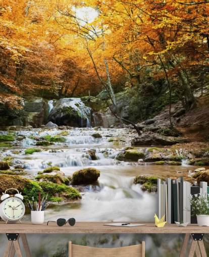 waterval bos behangmuurschildering genaamd Natural Autumn Waterfall voor slaapkamers en lounges